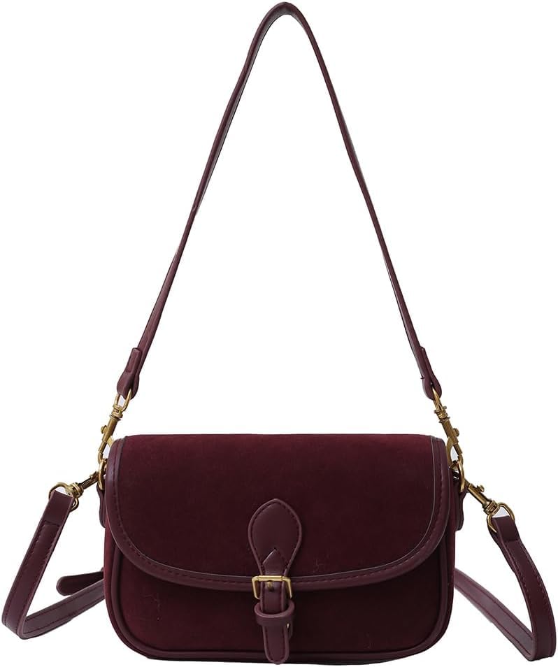 TYATVS Brown Suede Bag for Women Burgundy Suede Purse Fall Wine Purse Trendy Small Crossbody Bag Satchel Purse (Burgundy)